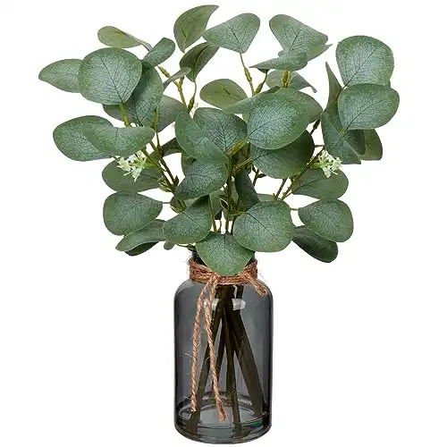 Briful Artificial Eucalyptus Stems in Black Glass Vase with Faux Water, 14" Fake Plant Eucalyptus Leaves for Home Office Farmhouse Wedding Centerpiece Décor