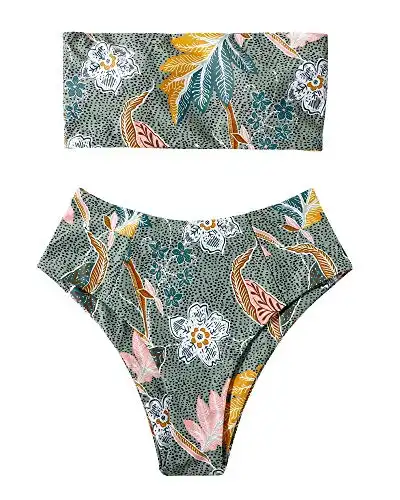 OMKAGI Women Bandeau Swimsuit Plant Floral Cheeky High Cut Thong Bikini Set(M,Green Floral-4405)