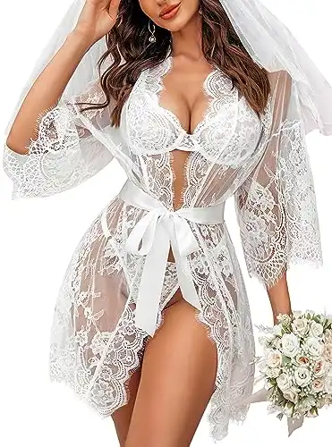 Avidlove Lingerie for Women See Through Kimono Robe Lace Dress Babydoll Lingerie Mesh Nightgown White M