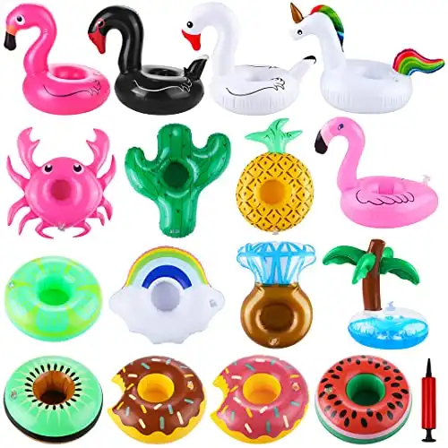 Tounature 16 Pack Inflatable Drink Holder Drink Floats Inflatable Cup Coasters Flamingo Unicorn Swan Coasters with Air Pump Inflatable Toy for Swimming Pool Party Supplies