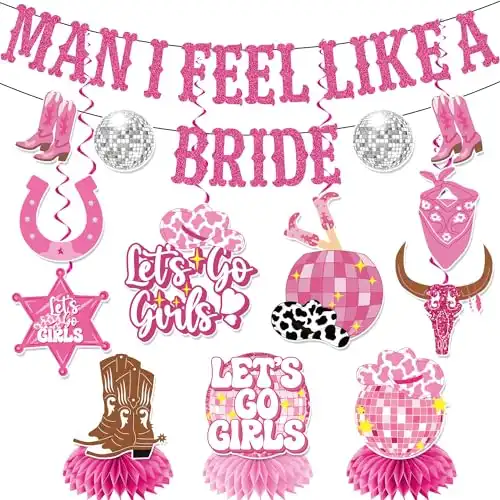 cocomigo Last Rodeo Bachelorette Decorations, Cowgirl Bachelorette Party Decorations Man I Feel Like A Bride Banner Hanging Swirls Honeycomb Centerpiece Nashville Bachelorette Party Decorations