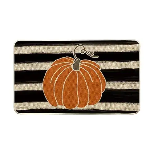 Artoid Mode Watercolor Stripes Pumpkin Decorative Doormat, Fall Seasonal Harvest Thanksgiving Vintage Rustic Low-Profile Yard Floor Mat Switch Mat for Indoor Outdoor 17 x 29 Inch