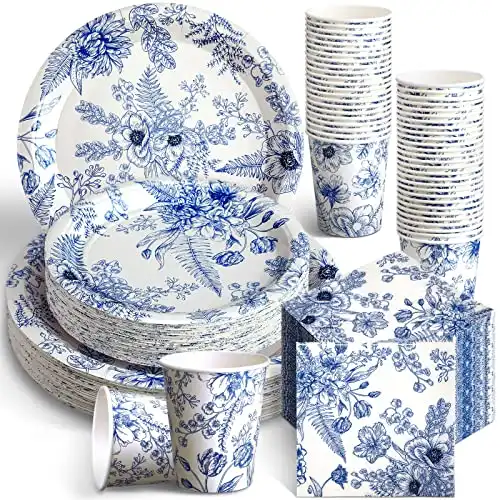 Dandat 250 Pcs Disposable Tableware Set Bridal Shower Party Decorations Vintage Disposable Paper Plates and Napkins Set Napkins for Wedding Baby Shower Party Supplies (Floral)