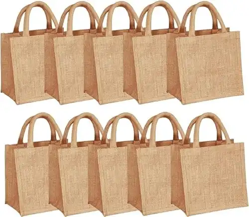 Imagine Color Small Jute Burlap Tote Bags 10 Pack, Eco-Friendly, Beach Bag, Reusable, Biodegradable, Wedding Favors, Wedding Welcome Bags, Party Favors, Bridesmaids Gifts, DIY Decorating, 8”x 8”x 6