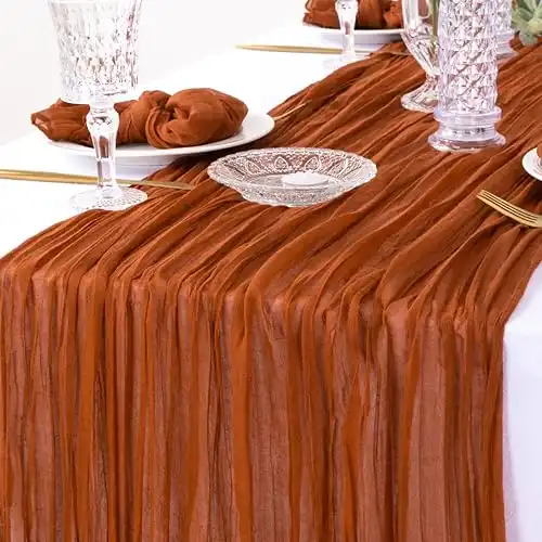 Terracotta Thanksgiving Cheesecloth Table Runner Boho Fall Table Runner Rust Red Gauze Table Runner 120 inches Long for Wedding Halloween Fall Table Decor