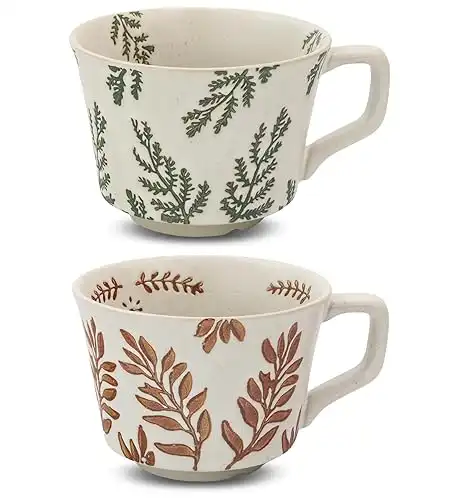 Ceramic Coffee Mug, 12 oz Novelty Unique Teacup with Large Handle, Stoneware Cup for Tea Mocha Latte Cappuccino Espresso (Set of 2, Ivy and Leaf)