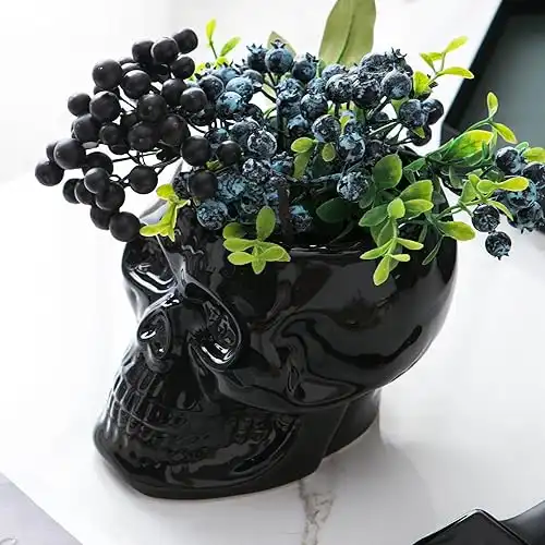 Skull Planter Pots, Skeleton Vase for Succulent, Flowers, Gothic Centerpiece for Table, Punk Home Decor and Accessories, Halloween and Day of The Dead Decorations - Black