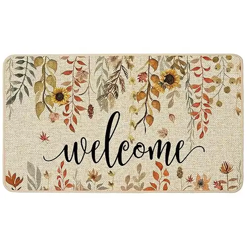 ORTIGIA Welcome Fall Doormat Eucalyptus Leaves Sunflowers Door Mats Indoor Outdoor Patio Non-Slip Durable Entrance FloorMat for Home, Outside, Yard, Patio 17x29.5 Inch