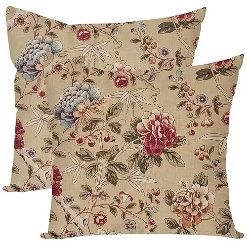 Vintage Floral Decorative Throw Pillow Covers 18x18 Inch Set of 2 Peony Flower Chinoiserie Beige Outdoor Cottagecore Grandmillennial Spring Fall Decor Cushion Cases Decorations for Home Couch