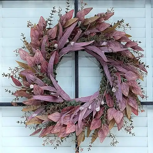 26'' Eucalyptus Wreath for Front Door - Autumn Large Artificial Eucalyptus Outdoor Wreath Fall Decorations for Porch, Window,Farmhouse,Home,Holiday,Hanging Decor (Purple Red)