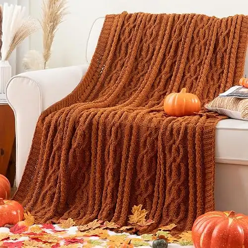 Battilo Caramel Throw Blanket for Couch, Chenille Rust Throw Blanket 51