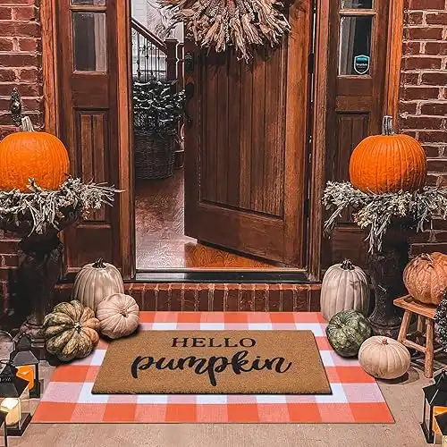 Fall Decor Door Mat Combo Set, 100% Coco Coir Welcome Mat + 28 x 43 Inches Orange and White Plaid Rug - Fall Thanksgiving Front Porch Entryway Floor Doormat, Indoor Outdoors Autumn Mats Hello Pumpkin