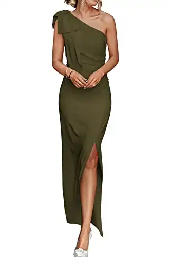 PRETTYGARDEN Women's Summer One Shoulder Long Formal Dresses Sleeveless Ruched Bodycon Wedding Guest Slit Maxi Dress (Army Green,Small)