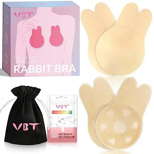 VBT Invisible Sticky Bra, Push Up Adhesive Bras for Backless Strapless Dress, Breast Lift Nipple Coverage Covers for Women,2 Pairs Beige