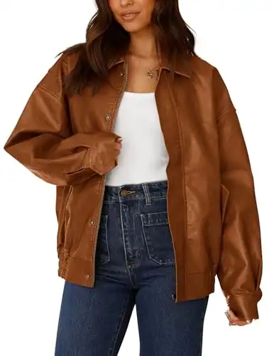 PRETTYGARDEN Women's Faux Leather Motorcycle Jacket Trendy Fall Clothes Oversized Zip Up Winter Coat Outerwear (Red Brown,Medium)