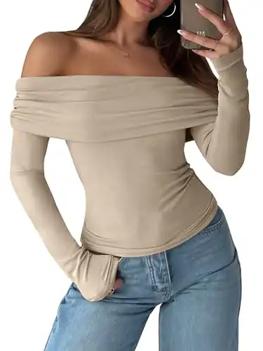 ANRABESS Womens Long Sleeve Off Shoulder Shirts Tight Fitted Going Out Y2K Sexy Ruched Tee Tops Blouses 2024 Trendy Outfits Khaki Large