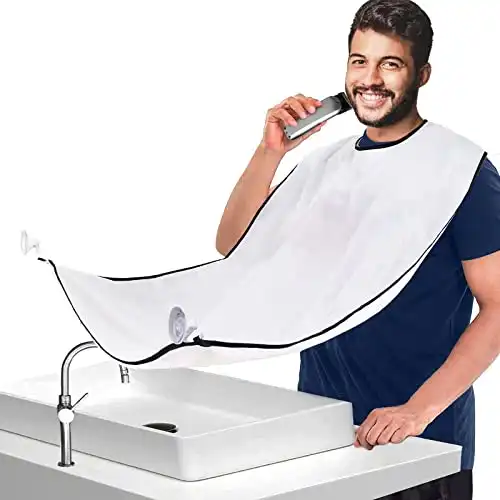 Aksice Beard Trimming Catcher Bib, Beard Hair Catcher for Men Shaving, Non-Stick Beard Apron Cape Grooming Cloth, with 4 Suction Cups - White