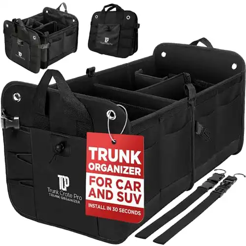 TRUNKCRATEPRO Trunk Organizer For Car, Suv, Truck | Premium Adjustable Multi Compartments Collapsible Car Trunk Organizer With Securing Straps & Non-Slip Bottom (Large Size, Black)