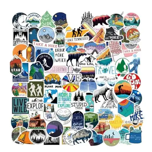 Outdoor Hiking Adventure Camping Stickers Pack 100pcs, Waterproof Vinyl Travel Wildlife Stickers for Water Bottle Laptop Hydroflask Cup Car, Wilderness Nature Decals for Camper Boys Adults Teens Girls